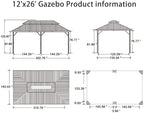 Patio Hardtop Gazebo 12' x 26' Bronze Frame Double Roof Khaki, alternate view 2