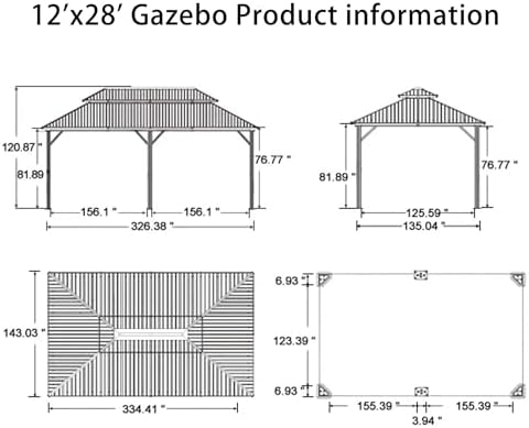 Patio Hardtop Gazebo 12' x 28' Bronze Frame Double Roof Khaki, alternate view 2