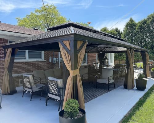 Patio Hardtop Gazebo 12' x 28' Bronze Frame Double Roof Khaki, alternate view 3