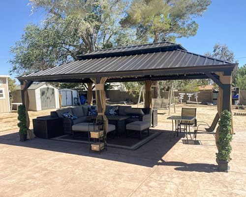 Patio Hardtop Gazebo 13' x 20' Bronze Frame Double Roof Khaki