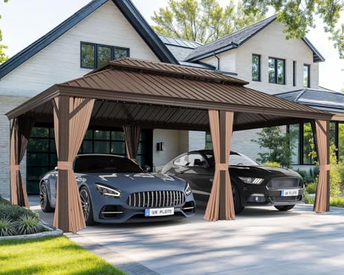 Patio Hardtop Gazebo 13' x 20' Bronze Frame Double Roof Khaki, alternate view 2