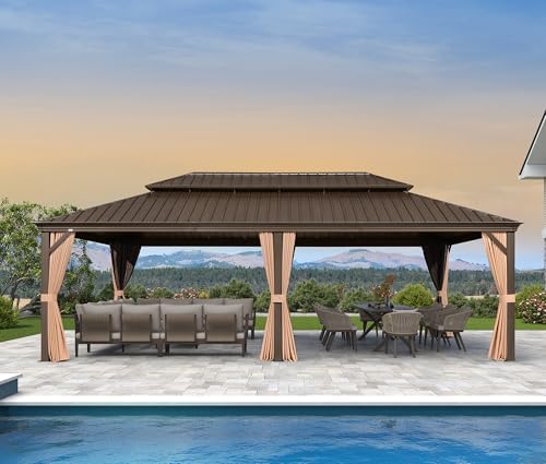 Patio Hardtop Gazebo 14' x 24' Bronze Frame Double Roof Khaki