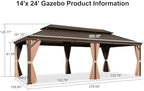 Patio Hardtop Gazebo 14' x 24' Bronze Frame Double Roof Khaki, alternate view 2