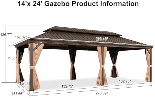 Patio Hardtop Gazebo 14' x 24' Bronze Frame Double Roof Khaki, alternate view 2