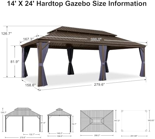 Patio Hardtop Gazebo 14' x 24' Wide Aluminum Frame Navy Blue, alternate view 2