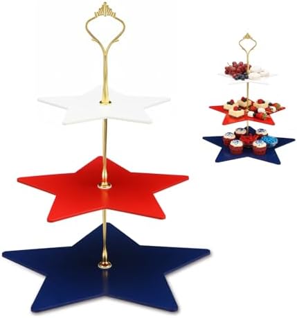 Patriotic 3 Tier Cupcake Stand Holder 15 Inch 4th of July Serving Tray Red White Blue Star Design with Gold