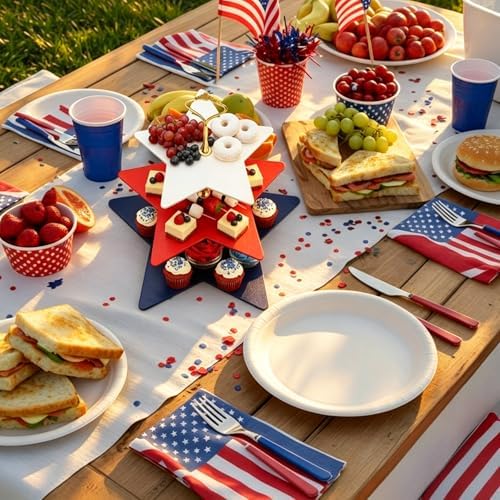 Patriotic 3 Tier Cupcake Stand Holder 15 Inch 4th of July Serving Tray Red White Blue Star Design with Gold, alternate view 2