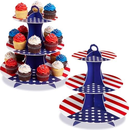 Patriotic Cupcake Stand, Red White Blue Cardboard Dessert Tower in Blue