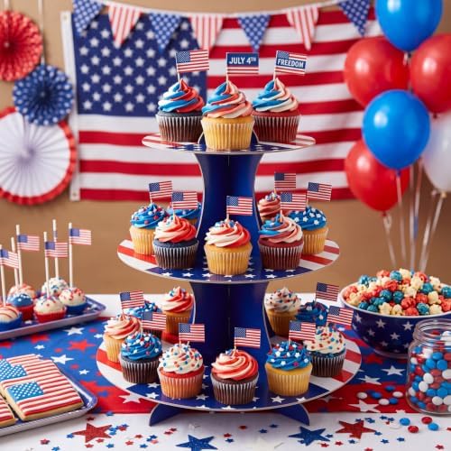 Patriotic Cupcake Stand, Red White Blue Cardboard Dessert Tower in Blue, alternate view 2