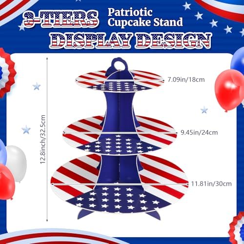 Patriotic Cupcake Stand, Red White Blue Cardboard Dessert Tower in Blue, alternate view 3