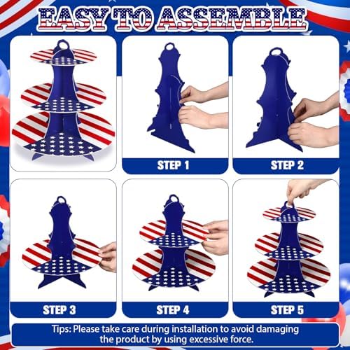 Patriotic Cupcake Stand, Red White Blue Cardboard Dessert Tower in Blue, alternate view 4