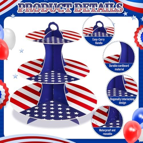 Patriotic Cupcake Stand, Red White Blue Cardboard Dessert Tower in Blue, alternate view 5