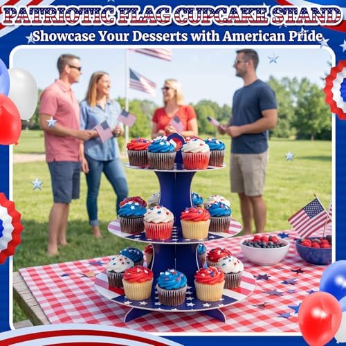 Patriotic Cupcake Stand, Red White Blue Cardboard Dessert Tower in Blue, alternate view 7