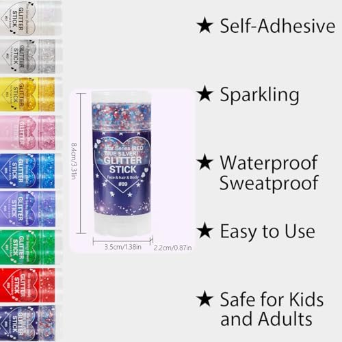 Patriotic Red White and Blue Body Glitter Stick,4th of July Accessories, Sparkling Face Hair Glitter for 4th of, alternate