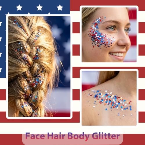 Patriotic Red White and Blue Body Glitter Stick,4th of July Accessories, Sparkling Face Hair Glitter for 4th of, alternate