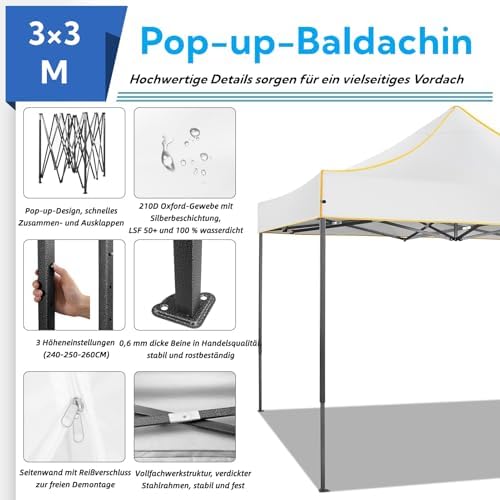 Pavillon 3x3m Wasserdicht Faltpavillon Gartenpavillon mit 4 Seitenteilen | Pop-Up Pavillon Höhenverstellbar |, alternate view