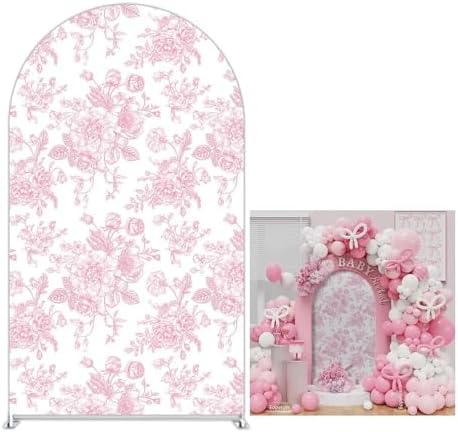 Peach Pink Floral Arched Backdrop Covers Double-Sided Stretchy Arch Stand Cover for Girls Birthday Baby Shower, alternate