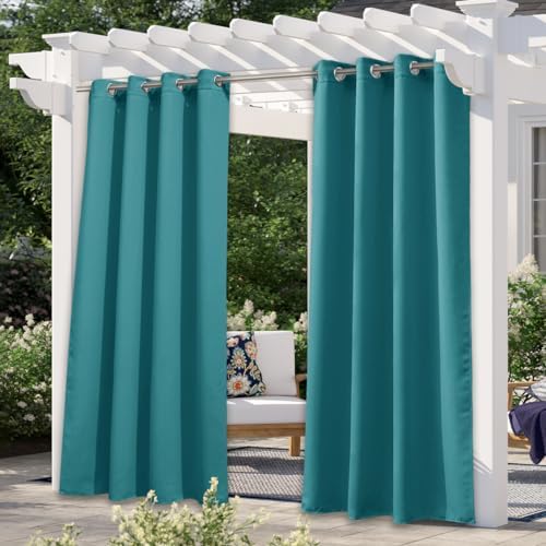 Peacock Teal Patio Outdoor Curtains 95 inch Length, Thermal Insulated Silver Stainless Steel Grommet Weighted