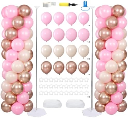 Pearl White Pink and Gold Balloons Column Kits 2 Sets Balloon Towers in Pearl Wihte Pink Metallic Gold Pastel