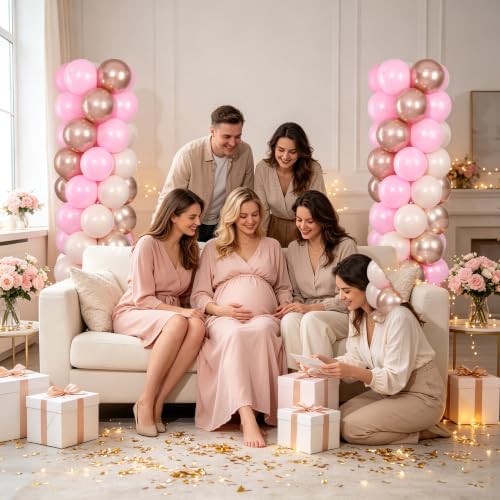 Pearl White Pink and Gold Balloons Column Kits 2 Sets Balloon Towers in Pearl Wihte Pink Metallic Gold Pastel, alternate view