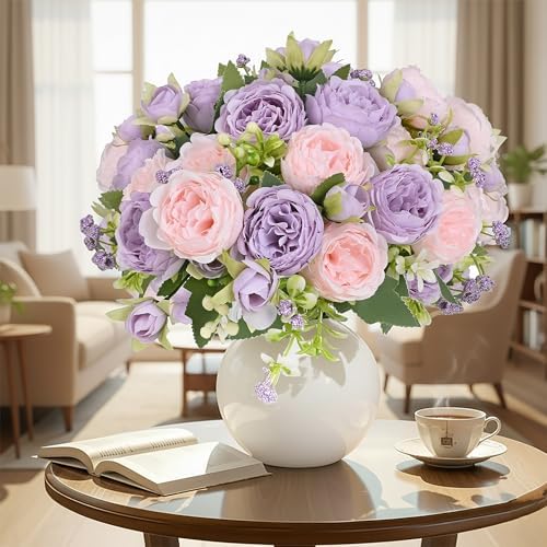 Peonies Artificial Flowers Bouquet, Lifelike Silk Fake Peonies with Stems for Home Table Centerpieces, Wedding