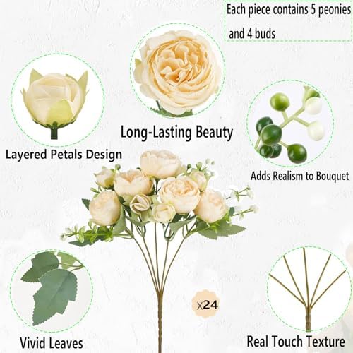Peonies Artificial Flowers Bouquet, Lifelike Silk Fake Peonies with Stems for Home Table Centerpieces, Wedding, alternate