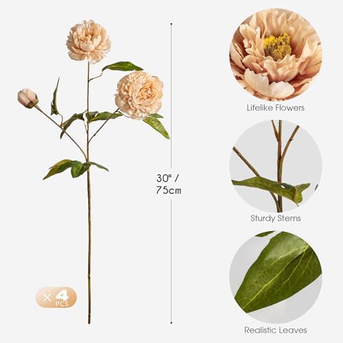 Peonies Artificial Flowers Bulk for Vase, 4 PCS Artificial Silk Peonies Stems Real Look Fake Peonies Branches, alternate view