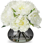 Peonies Artificial Flowers with Vase White Peony Fake Flowers Faux Silk Flower Arrangements in Glass Vase with