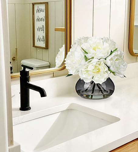 Peonies Artificial Flowers with Vase White Peony Fake Flowers Faux Silk Flower Arrangements in Glass Vase with, alternate