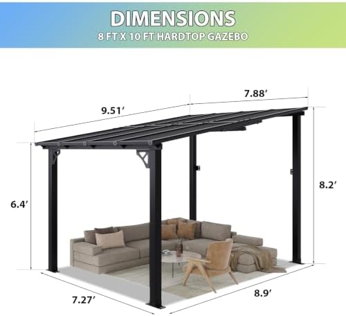 Pergola with Adjustable Support Post & Aluminum Frame, 8‘x10', Black in Black, alternate view 2