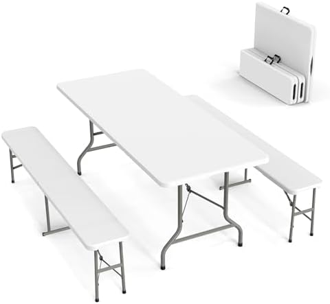 Picnic Table Set with 2 Benches, 6 Feet Camping Table Chair Set,3-Piece Folding Furniture for Indoor or Outdoor