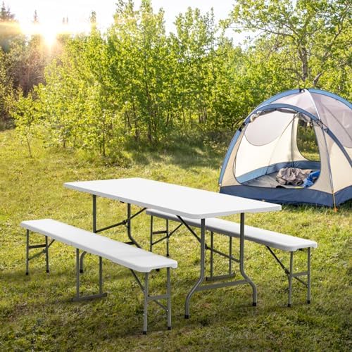 Picnic Table Set with 2 Benches, 6 Feet Camping Table Chair Set,3-Piece Folding Furniture for Indoor or Outdoor, alternate