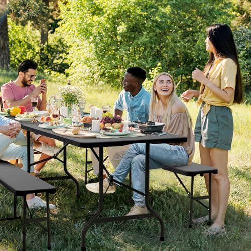 Picnic Table Set with 2 Benches, 6 Feet Camping Table Chair Set, alternate view 2