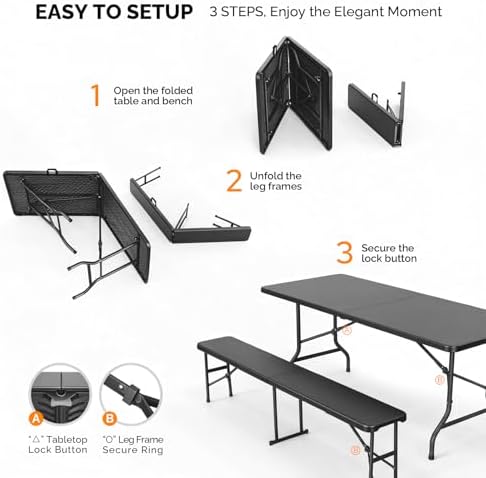Picnic Table Set with 2 Benches, 6 Feet Camping Table Chair Set, alternate view 3