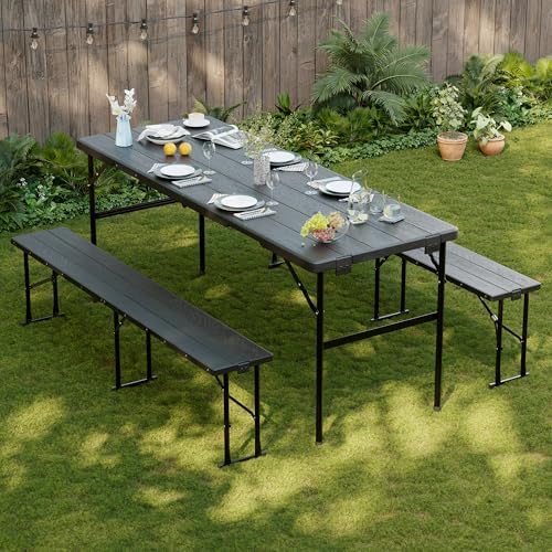 Picnic Table Set with 2 Benches,6 Feet Folding Camping Table Chair Set with Wood Grain Tabletop,3-Piece Outdoor
