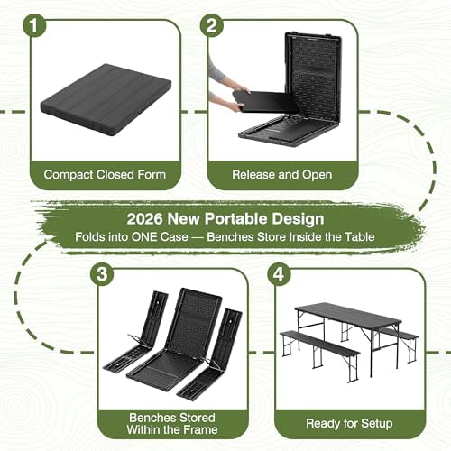Picnic Table Set with 2 Benches,6 Feet Folding Camping Table Chair Set with Wood Grain Tabletop,3-Piece Outdoor, alternate