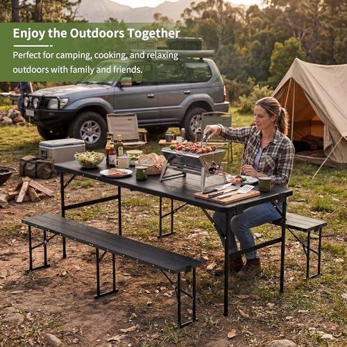 Picnic Table Set with 2 Benches,6 Feet Folding Camping Table Chair Set with Wood Grain Tabletop,3-Piece Outdoor, alternate