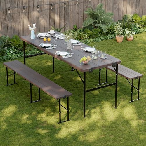 Picnic Table Set with 2 Benches,6 Feet Folding Camping Table Chair Set with Wood Grain Tabletop,3-Piece Outdoor
