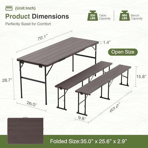 Picnic Table Set with 2 Benches,6 Feet Folding Camping Table Chair Set with Wood Grain Tabletop,3-Piece Outdoor, alternate