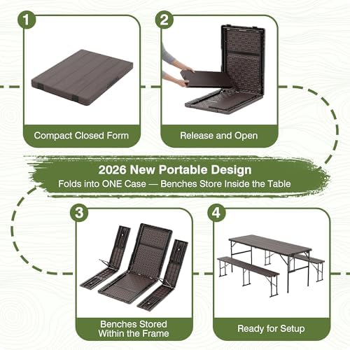 Picnic Table Set with 2 Benches,6 Feet Folding Camping Table Chair Set with Wood Grain Tabletop,3-Piece Outdoor, alternate