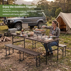Picnic Table Set with 2 Benches,6 Feet Folding Camping Table Chair Set with Wood Grain Tabletop,3-Piece Outdoor, alternate