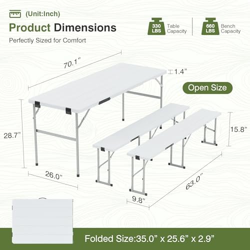 Picnic Table Set with 2 Benches,6 Feet Folding Camping Table Chair Set with Wood Grain Tabletop,3-Piece Outdoor, alternate