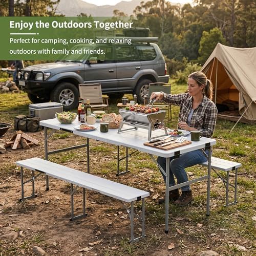 Picnic Table Set with 2 Benches,6 Feet Folding Camping Table Chair Set with Wood Grain Tabletop,3-Piece Outdoor, alternate