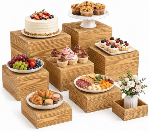 Pine Wood Buffet Risers Multi-Size Food Display Stands 8 Pack in Golden