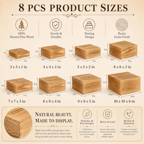 Pine Wood Buffet Risers Multi-Size Food Display Stands 8 Pack in Golden, alternate view 2