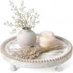 Pine Wood Round Display Riser with Bead for Room Decor, Deep Natural in Deep Natural
