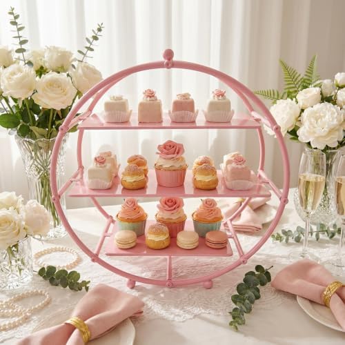 Pink 3 Tier Metal Cupcake Stand Tiered Dessert Display Serving Tray in Pink, alternate view 6