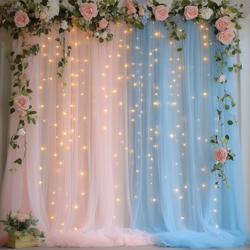 Pink and Blue Tulle Backdrop Curtain with Lights for Decor, 10x10FT in 10x10FT