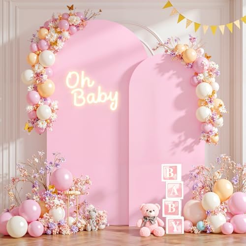 Pink and Hot Pink Arch Cover 2 Set - 7.2FT and 6FT Arch Backdrop Cover Spandex Fitted Wedding Arch Stand Covers, alternate
