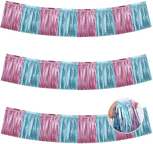 Pink Blue Fringe Garland Banner 30ft Wall Tinsel Foil Streamers in Pink Light Blue